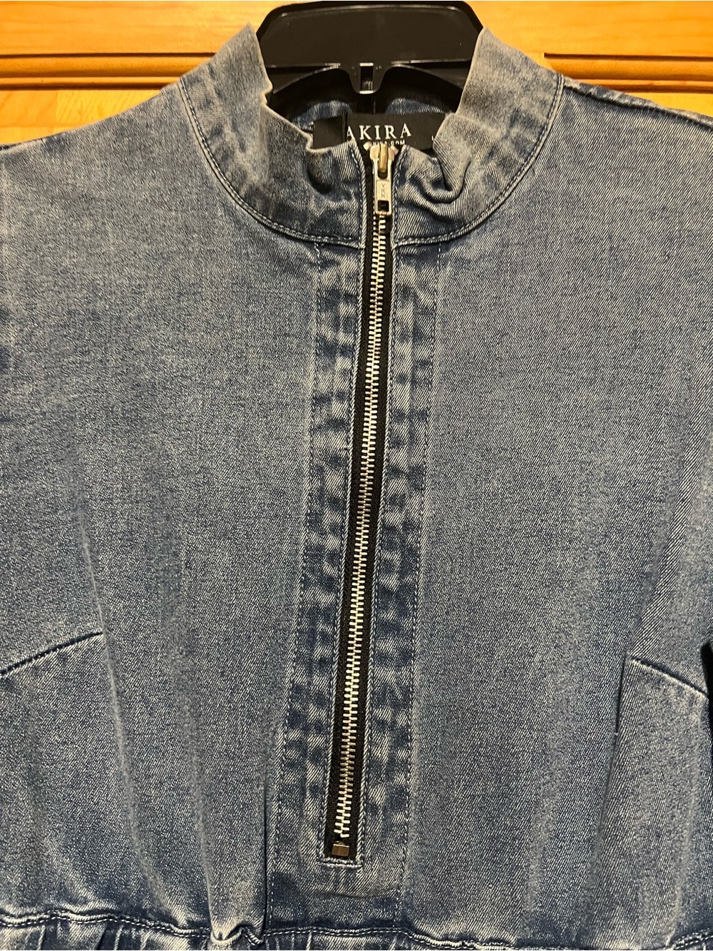 AKIRA Washed Blue Denim paper bag Bubble Mini Dress with Front Zip and - Picture 2 of 7